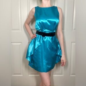 Alice + Olivia Sleek Teal Silk Dress with Black Belt